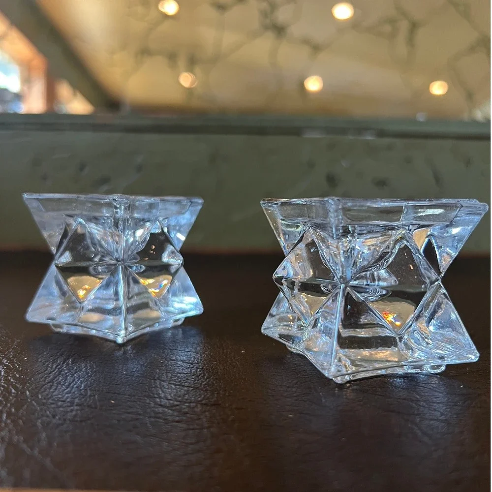 Vintage Geometric Starburst Crystal Style Candle Holder Pair 70s Space Age Decor
